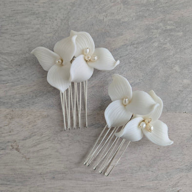 Trillium Clay Floral Bridal Haircomb (Set of 2)